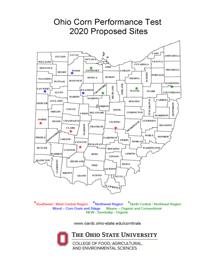 Ohio map with location of sites for 2020 marked on the map.