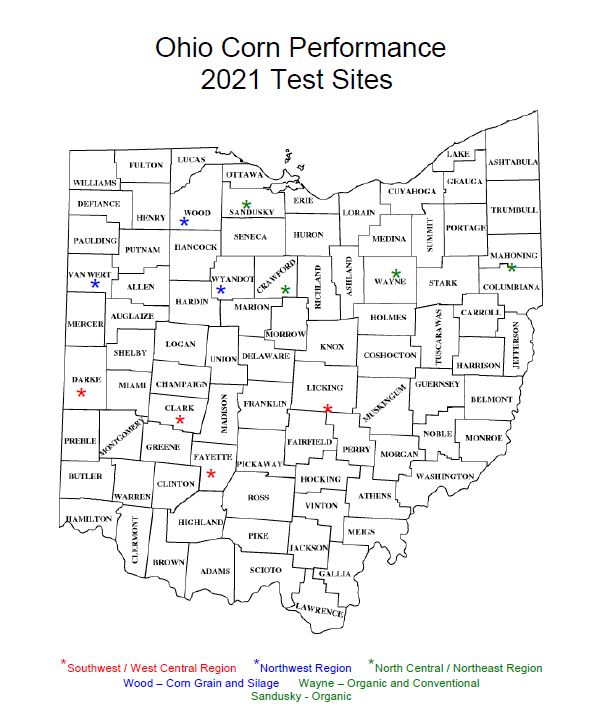Ohio map with location of sites for 2021 marked on the map.