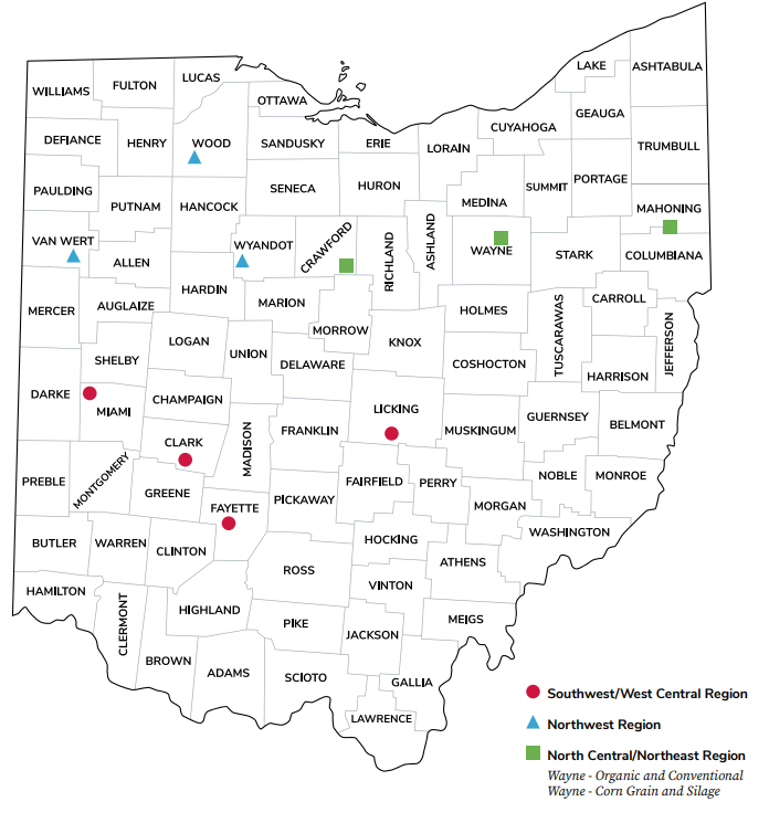 Ohio map with location of sites for 2025 marked on the map.