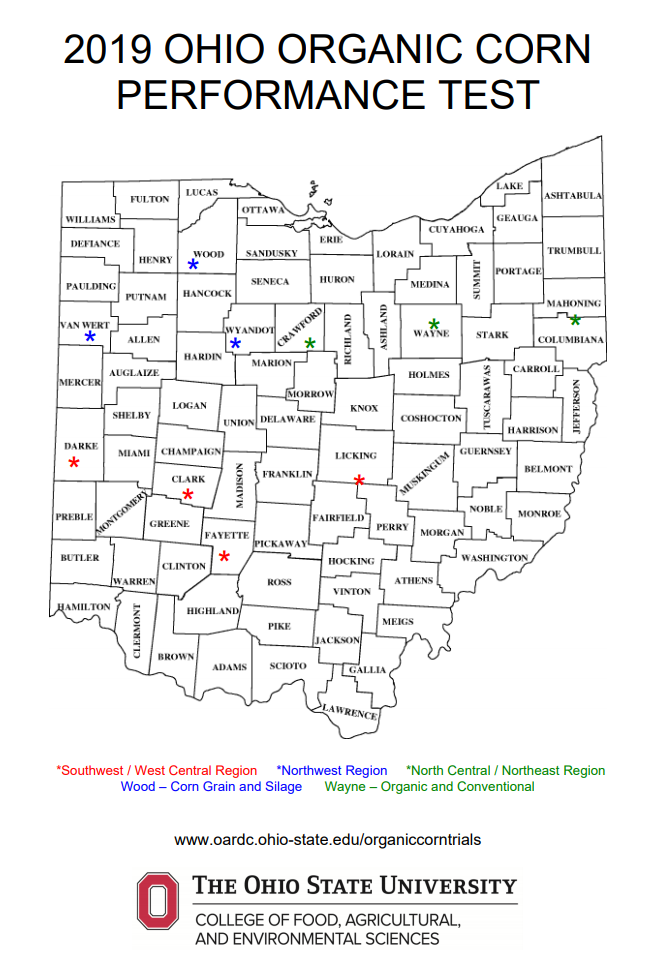 Ohio map with location of sites for 2019 marked on the map.