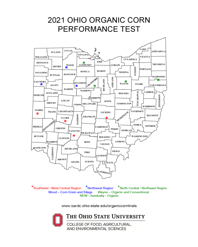 Ohio map with location of sites for 2021 marked on the map.